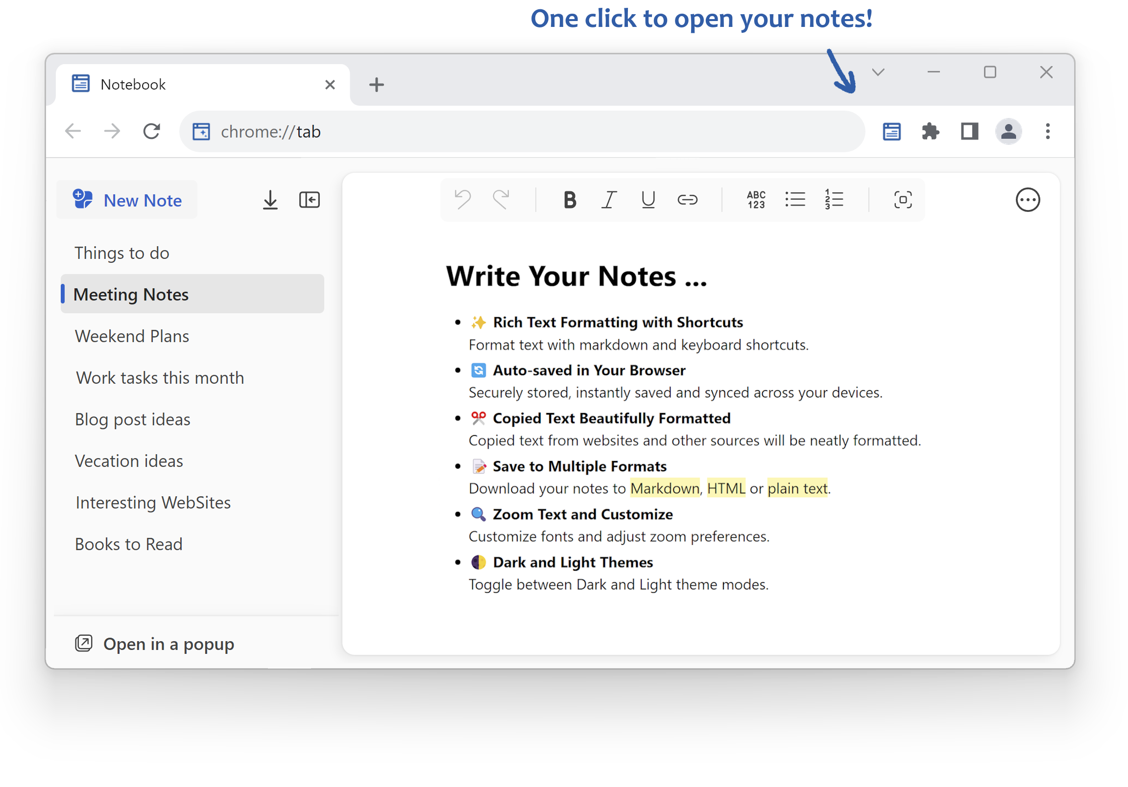 Notebook extension text editor inside new tab in Chrome